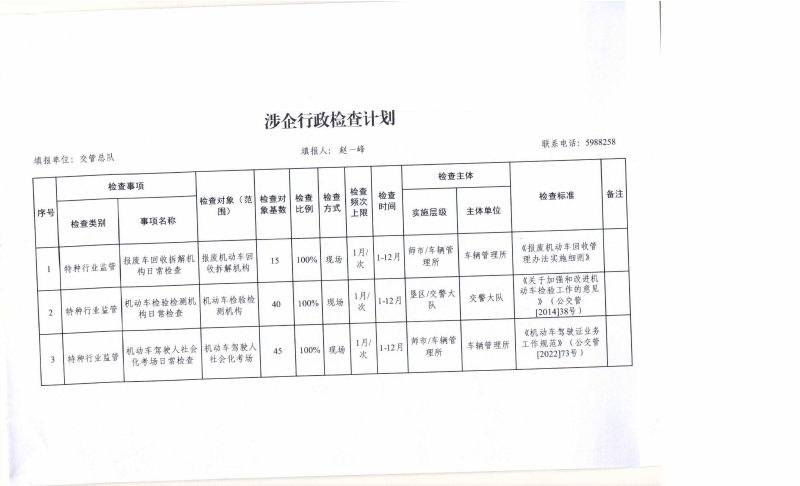兵团公安机关涉企行政检查计划（交管）